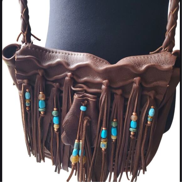 Soft Brown Leather Shoulder Bag Fringe Purse Boho Western Handbag Turquoise SW - Picture 9 of 13
